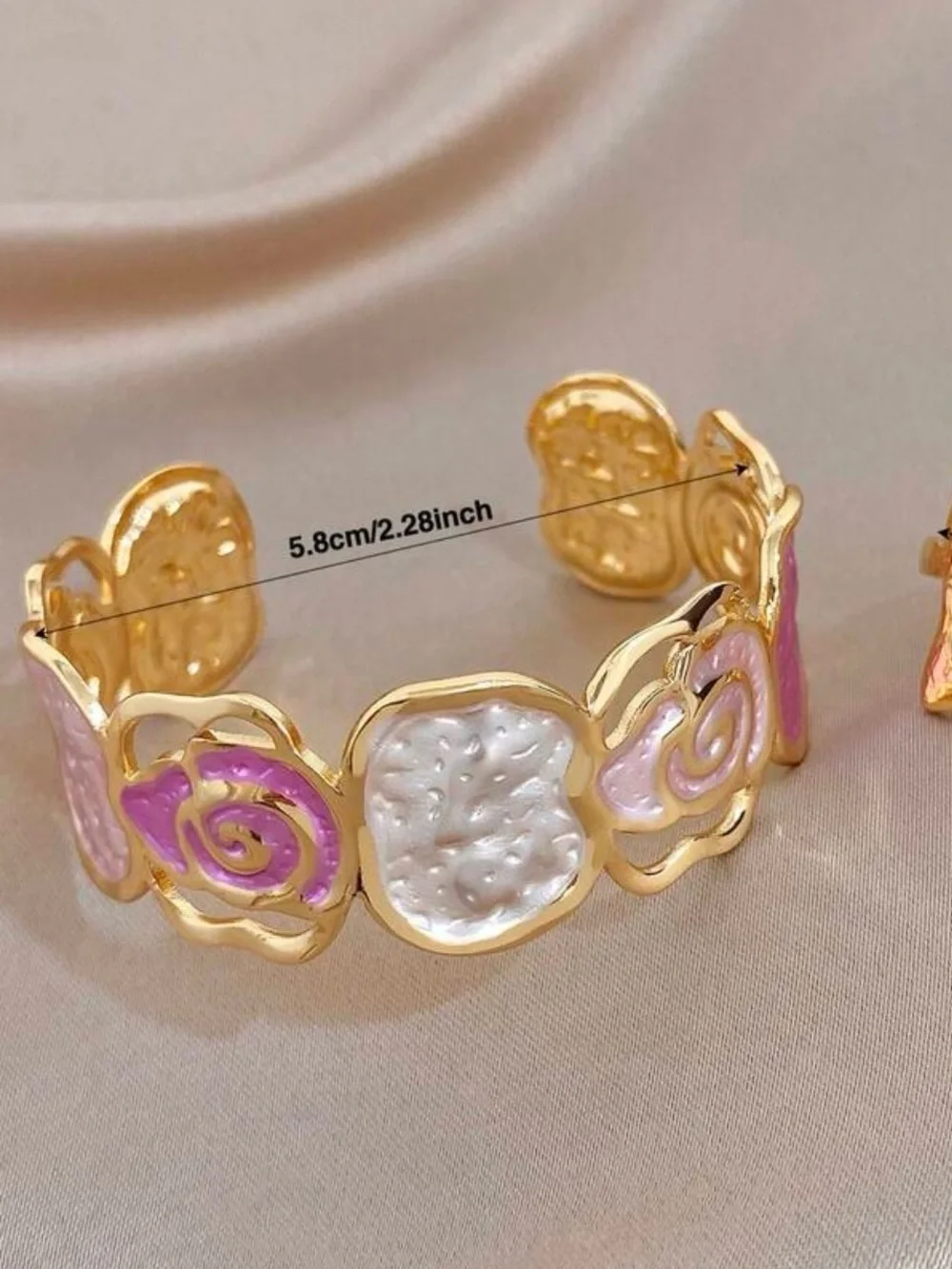 Gold-Tone Pink and White Floral Enamel Cuff Bracelet